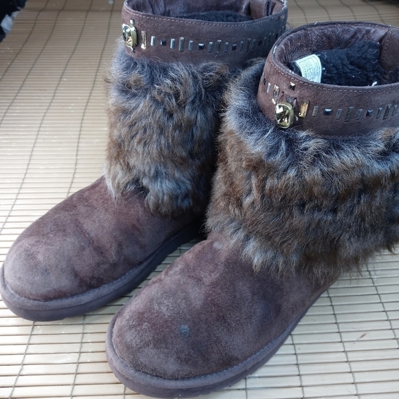 UGG VILET BROWN SUEDE SHEEPSKIN TOSCANA Faux Fur CUFF CRYSTAL BLING BOOTS, US wo - Picture 2 of 11
